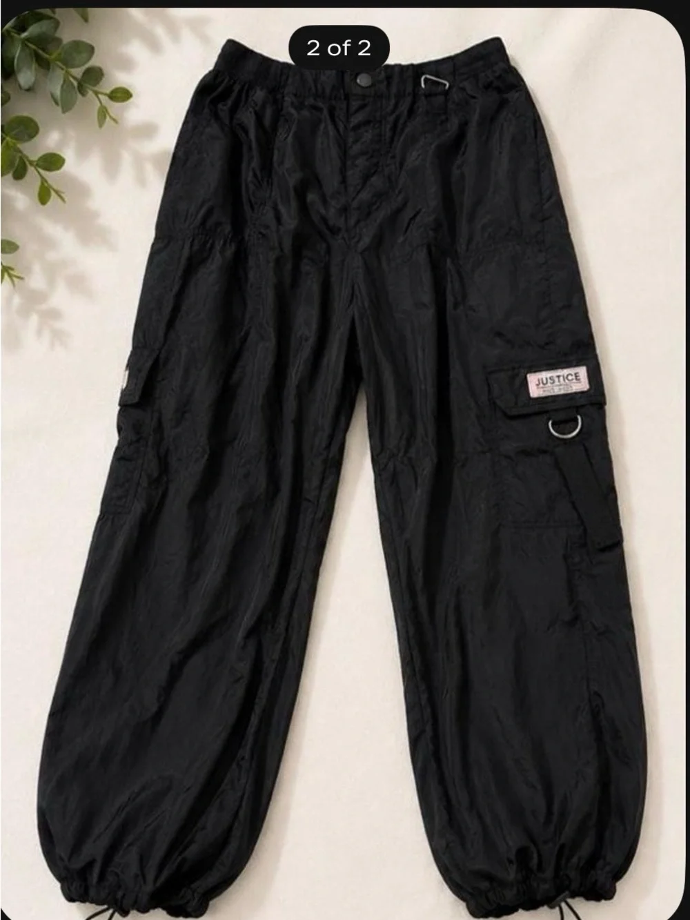 Justice Black Nylon Cargo Pants with D-Ring & Drawstring Cuffs